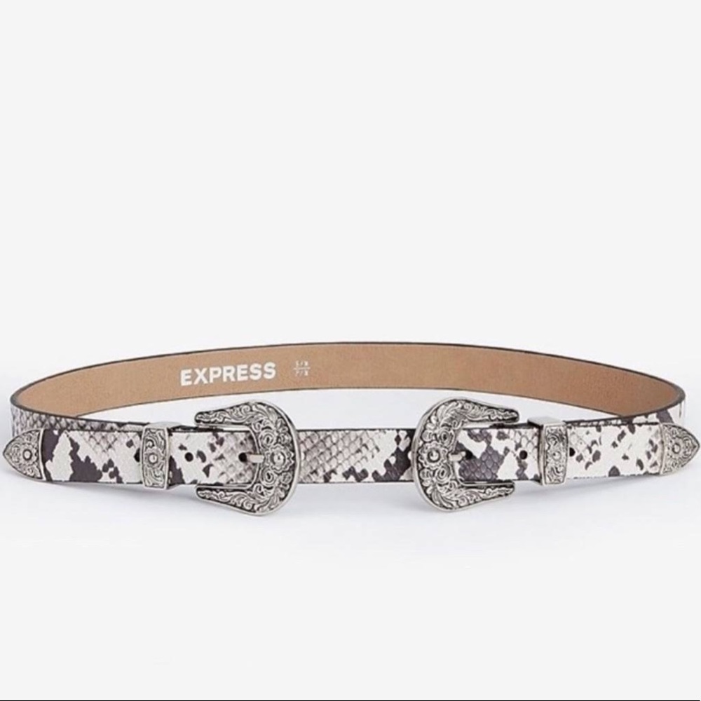 Express White and Black Snake Print Double Buckle Belt